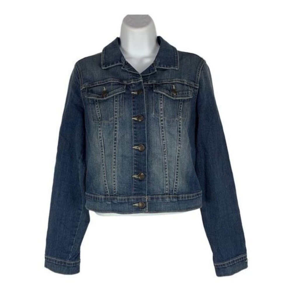 Jessica Simpson Womens Denim Jacket Medium Button Front Classic Blue Wash
